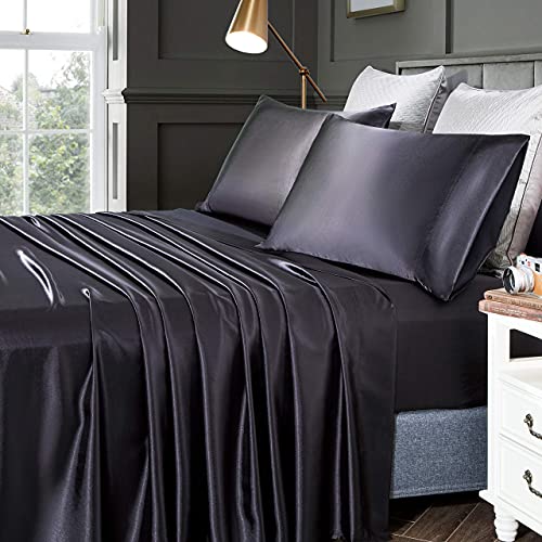 Chvonttow 4 Piece Satin Sheets King Size Luxury Silky Satin Bed Sheets Set| Wrinkle| Fade| Stain Resistant| 1 Deep Pocket Fitted Sheet + 1 Flat Sheet + 2 Pillowcases (Black)