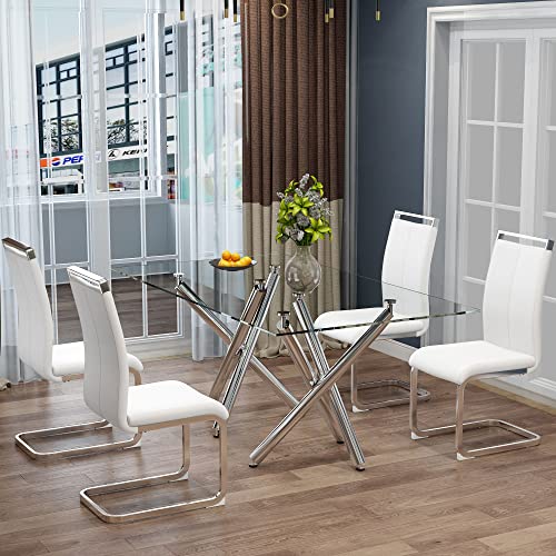 Modern Leather Dining Chairs Set Of 4,Armless Kitchen Chairs ,Dining Room Chairs With Upholstered Padded Seat And Sturdy Chrome Legs For Dining Room,Kitchen, Living Room (White+Pu Leather, Set Of 4) #TOP2