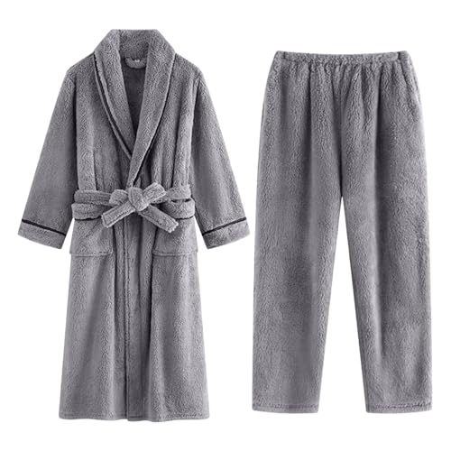 Xiaojmake Men's Flannel Pajama Sets Long Sleeve Bathrobe Winter Warm Fleece Sleepwear Lapel Robes and Loose Fit Long Pants