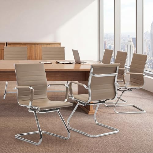 Image of Waiting Room Chairs Set of 8, Office Desk Chair No Wheels, PU Leather Computer Chairs Mid Back Guest Chairs for School Reception Conference, Light Brown