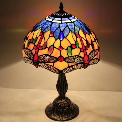 Image of WERFACTORY Tiffany Lamp Stained Glass Bedside Table Lamp 18 Inch Dragonfly