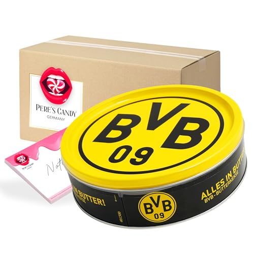 Pere's Candy Bundle für Fanartikel BVB Borussia Dortmund Butter Cookies/Kekse BVB Süßigkeiten 1er Pack(340g) + Pere's Candy Notepad DIN A7-25 Blatt