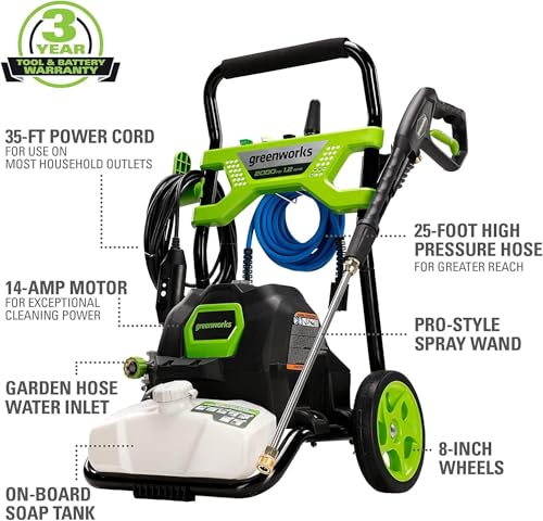 Image of Greenworks 2000 PSI (1.2 GPM) Electric Pressure Washer, Steel Wand, On-Board Soap Tank (25, 40, Soap, and Turbo Nozzle) + Car Wash Soap Pods (12 Count)