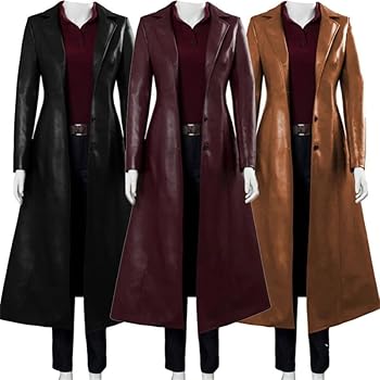 Womens Leather Trench Coat Ladies PU Leather Maxi Coat Lapel Faux