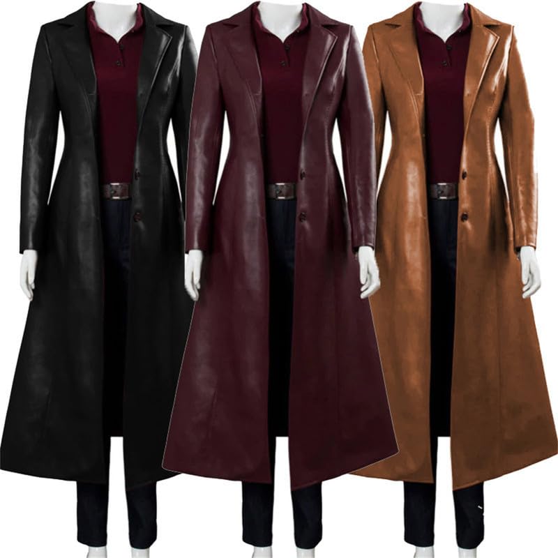 Womens Leather Trench Coat Ladies PU Leather Maxi Coat Lapel Faux Leather Long Trench Coat2