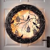 Cindeer 11.8" Halloween Black Wreath with Lights Gothic Raven Twig Wreath | Halloween Lighted Crow Twig Wreath, Spooky Raven Birdcage Hanging Decoration, Front Door Wall Window Mantel Party Decor