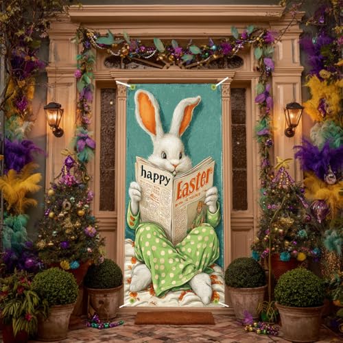 Image of Happy Easter Door Cover Reading Bunny Banner Retro Funny Rabbit Front Door Decorations Home Party Outdoor Decor 35.4x71 Inch