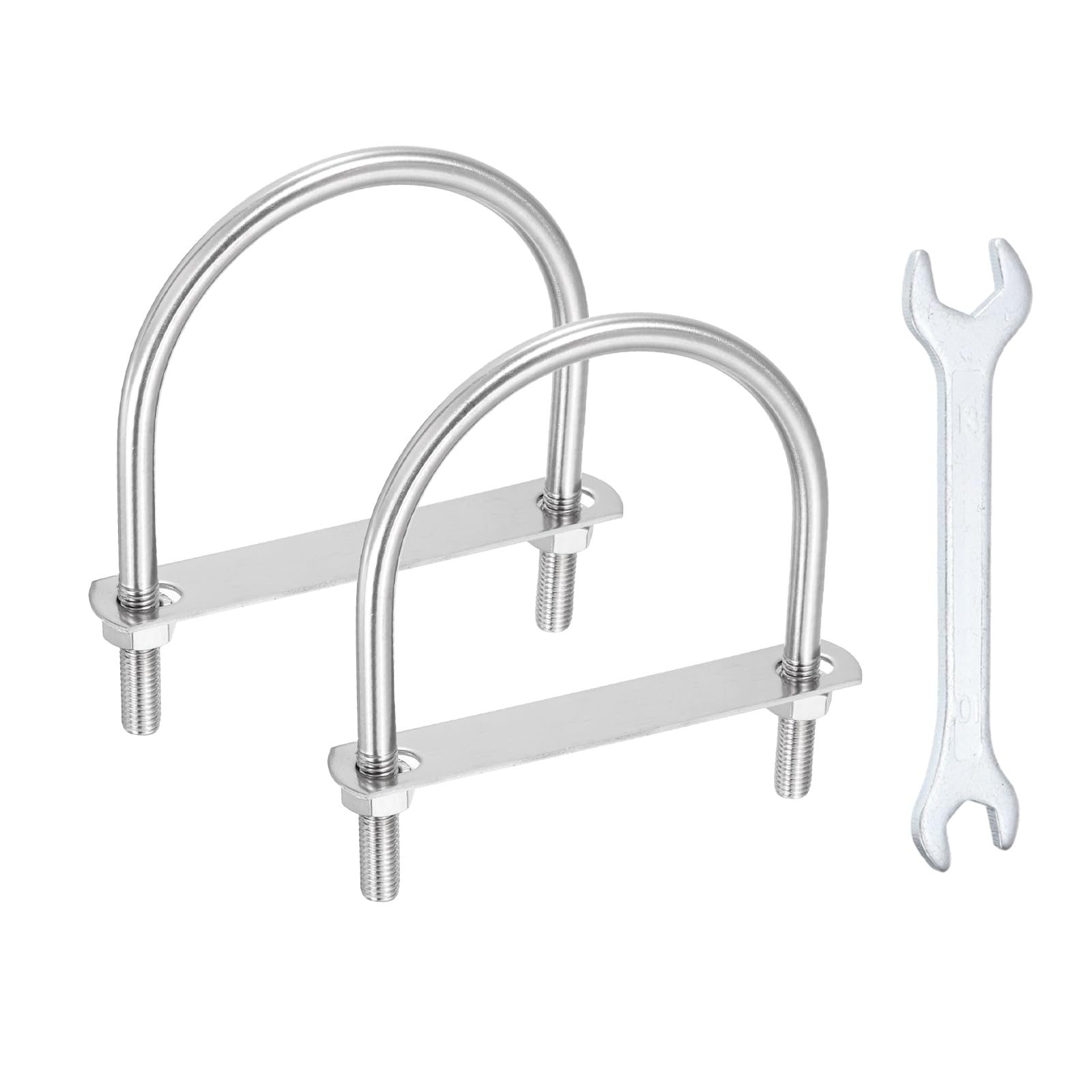 sourcing map 2Pcs M10 U-Bolts, 4.25"(108mm) Inner Width 5.51"(140mm) Length 304 Stainless Steel Round Bend U Bolts with Nuts Frame Plate Washers and Wrench for Trailers Boats Axle Sailboat