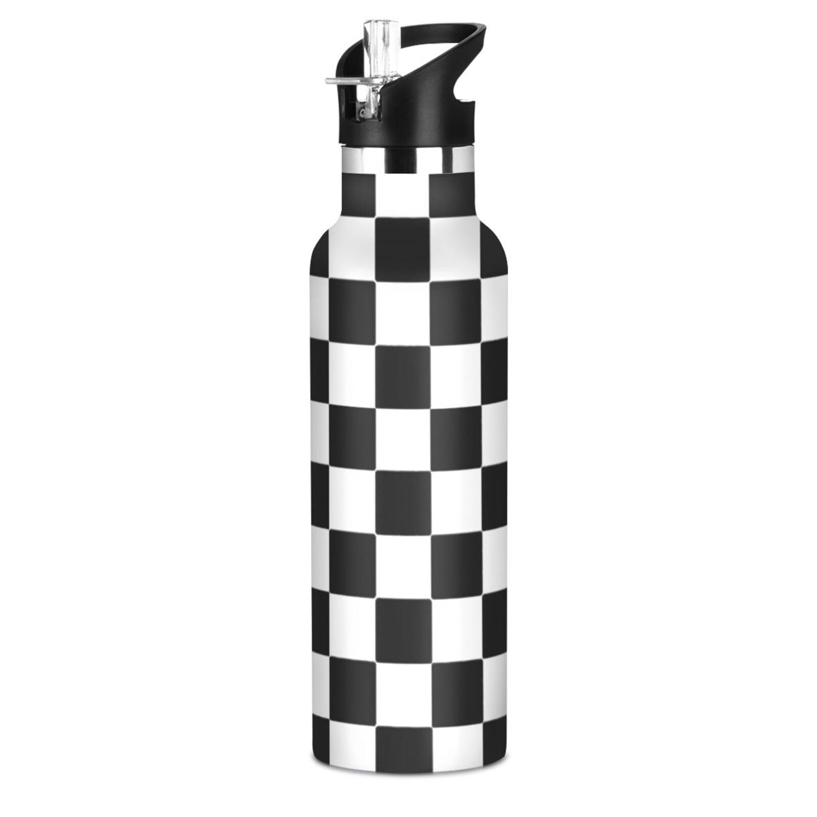 Buffalo Plaid Check Black White Leak Proof BPA Free Kids Metal Water Bottle with Straw Lid Double Wall