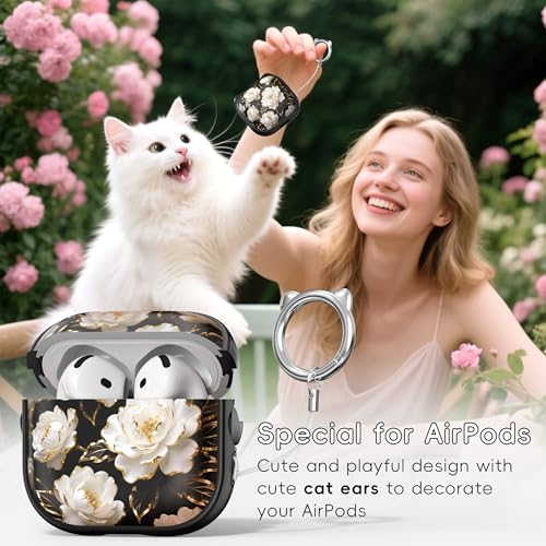 Image of for AirPods 4 Case with Cleaning Kit, Cute Cat Ear Print Design & Cute Buckle, Inverted Phone Holder Design, Top Safe Lock Buckle Design, for Girls AirPods 4 case 2024, Black Peony