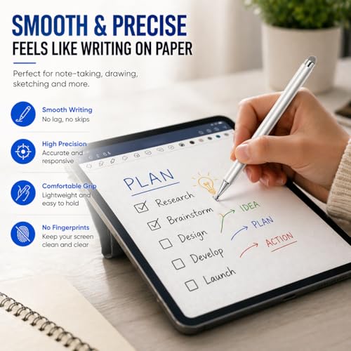 Image of Mizi Universal Stylus Pen for Touch Screens, 2-in-1 Disc & Fibre Tip Stylus for iPad, iPhone, Android, Tablet, Chromebook, Kindle, Switch - High Precision, No Bluetooth, Magnetic Cap - White