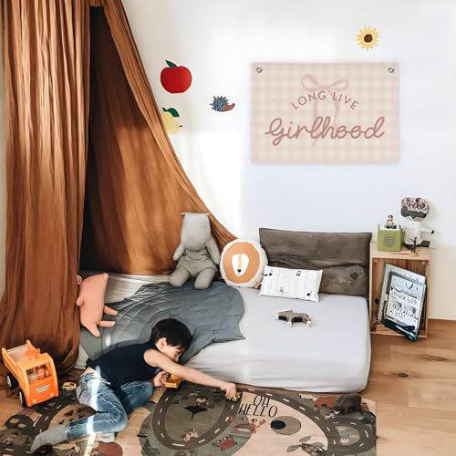 Image of Pink Cute Room Decor Long Live Girlhood Banner, Coquette Bow Girls Room Decor for Nursery Playroom Wall Hanging Linen Flag,Baby Girls Bedroom Decorations,Baby Showers Newborn Gift 30x20 girlroom