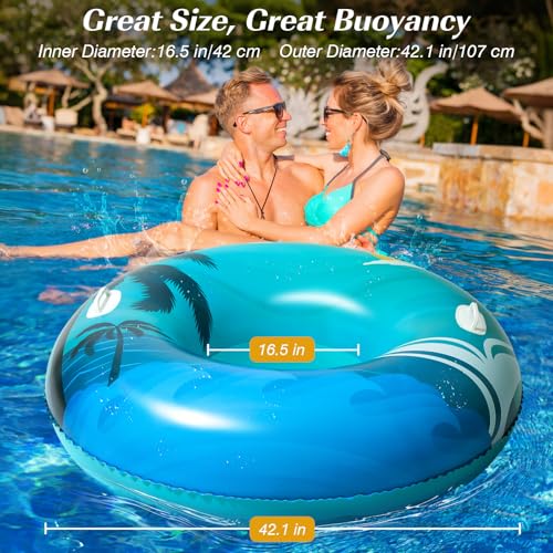 HeySplash Pool Schwimmring Erwachsene, 42 Zoll Groß Schwimmreifen mit Griff, Aufblasbar Wasserspielring, Hawaii Spaß Schwimmen Spielzeug Float Fluss Pool Strand See Party Dekoration, Blau Grün Strand