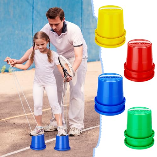 Hungdao 4 Pairs Balancing Stilts Walking Bucket Stilts Plastic Walking Stilts Toy with Adjustable Rope for Preschool Playground Indoor Outdoor Obstacle Course Games, 4 Colors - Thumbnail 5