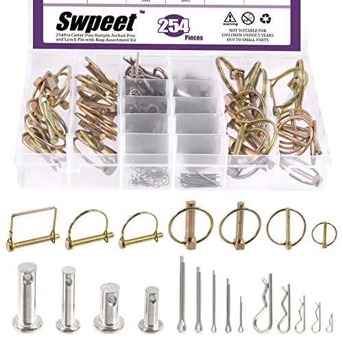 Swpeet 254Pcs Heavy Duty 6 Styles 1/4 2/5”5/16 Hitch Linch Pin and PTO Pins with 304 Stainless Steel Cotter Pin Hair Pin and R Shape Clips Assortment Kit for Farm Tractors Trailers Pins