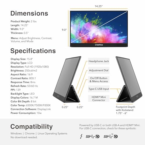 Image of SideTrak Solo Pro 15.8 inch Portable Monitor for Laptop | FHD 1080P LED IPS Dual Display w /Anti-Glare Screen, USB & Mini HDMI, Laptop Monitor Extender for Mac, PC, Chrome, HDR & Speakers - 6 Pack