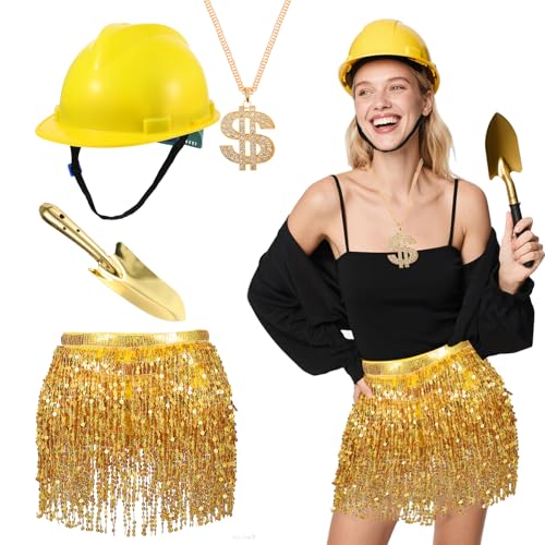 HFYZZ 4 Pcs Gold Digger Costume Outfit Kit Include Hard Hat Sequin Tassel Skirts Golden Shovel and Dollar Sign Necklace for Women Halloween Party Cosplay