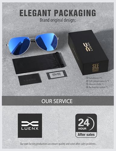 Image of LUENX Mens Womens Aviator sunglasses Polarized & with Case - UV 400 Protection Dark Blue Lens Silver Frame 60mm