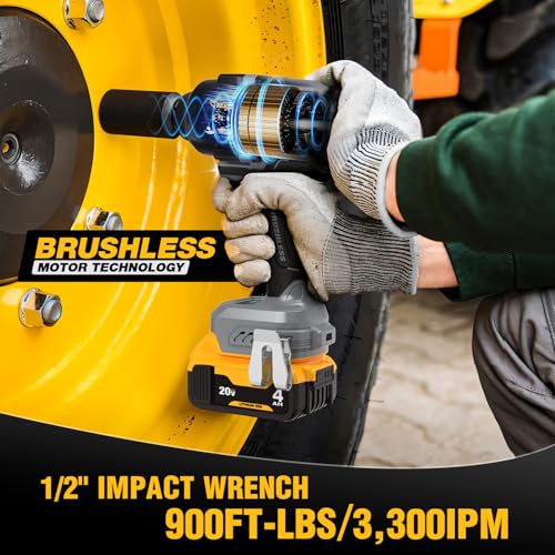 900 Ft-lbs Cordless Impact Wrench, 1/2 Inch Impact Gun Compatible DeWALT 20V MAX Battery, Brushless Constant High Torque Impact Driver with 3 Speed, Tool Only (No Battery Included)