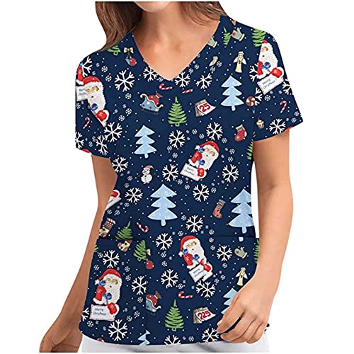 TRIGLICOLEUM Camiseta de cuidado para mujer, casaca de Navidad, camisa deslizante, manga corta, cuello en V, enfermera, uniforme de trabajo, ropa de enfermería, suéter de Navidad con bolsillos