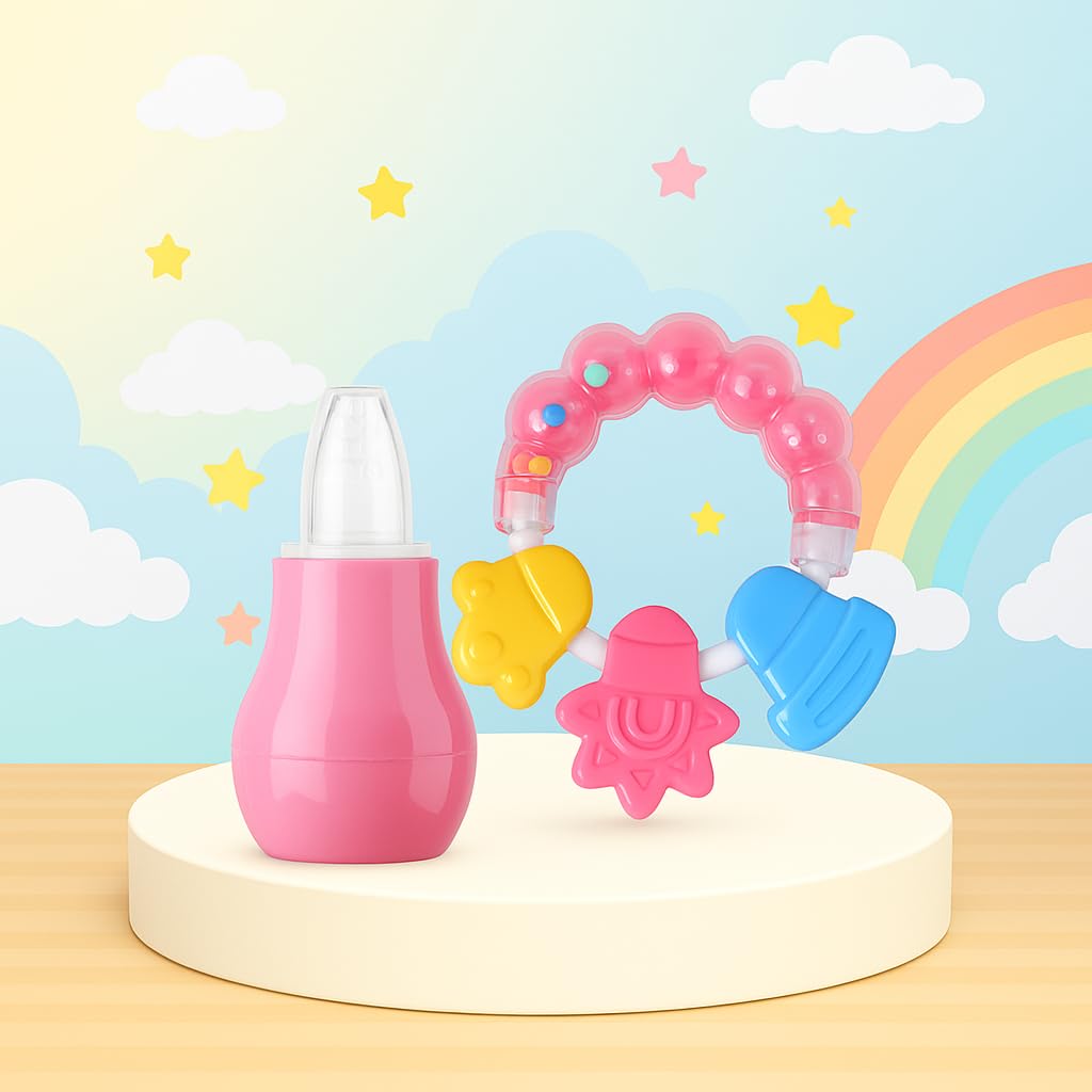 The Cheeky Kidzz Baby Nasal Nose Aspirator Vacuum Nose Suction Sucker Cleaning Squeezable Pump With Soft Silicone Ring Shape Rattle Teething Teether (PATTERN 62, LARGE)-image-46