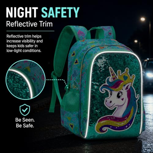 Image of 3Pcs Unicorn Backpack for Girls, 16 inch Sequin Bookbag Set for Kids, Elementary Preschool Preschool School Backpacks with Lunch Box (Green)