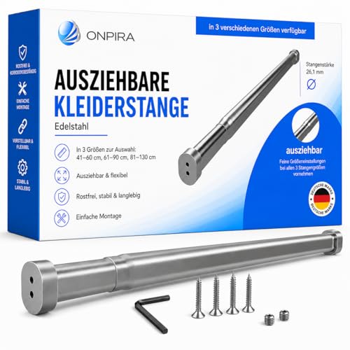 Onpira® Ausziehbare Kleiderstange aus Edelstahl, Schrankrohr ausziehbar, in 3 Grössen zur Auswahl 41-130 cm, Schrankzubehör (41-60cm)