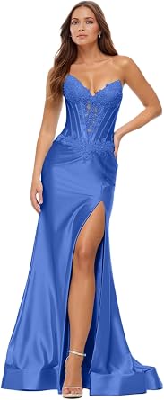 V Neck Satin Long Prom Dresses for Women Corset Mermaid Cocktail Evening Gown with Slit EA074