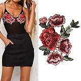 Franterd 2PC DIY Roses Pair Flowers Floral Collar Bouquet Boho Embroidered Appliques iron-ons patches Sticker Applique Badge (A, Red)
