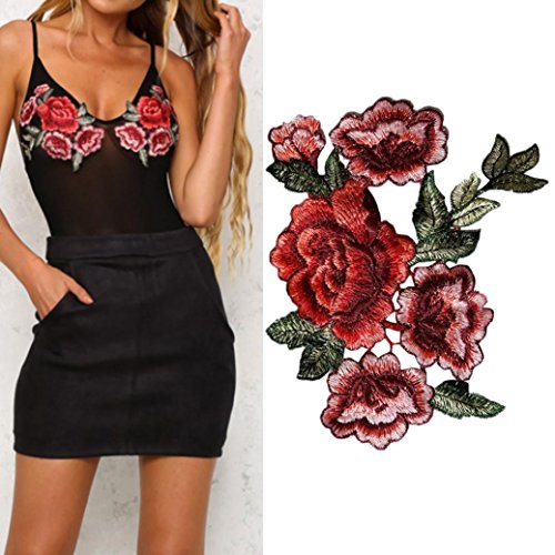 Franterd 2PC DIY Roses Pair Flowers Floral Collar Bouquet Boho Embroidered Appliques Iron-ons Patches Sticker Applique Badge (A, Red)