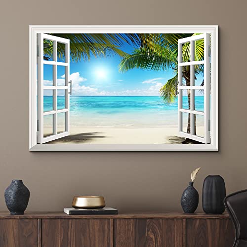 Wall26 Canvas Print Wall Art Window View Landscape Of Green Palm Beach Nature Wilderness Photography Modern Art Rustic Scenic Colorful Multicolor For Living Room, Bedroom, Office - 16"X24" #TOP1