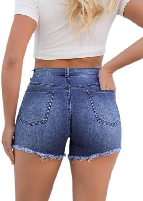 Women’s Ripped High Waisted Denim Shorts Stretch Frayed Raw Hem Jean Shorts - Image 2