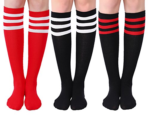 Joulli Women's Casual Stripe Knee High Socks 3 Pairs, Black Mix