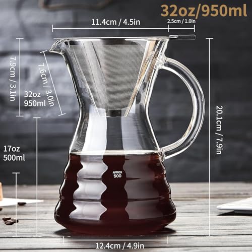 Image of Unbreakable - 18 Pack Pour Over Coffee Maker with Permanent Stainless Filter 27 fl oz, Thickened Heat-Resistant Borosilicate Glass Dripper Coffee Brewer, Stovetop Safe