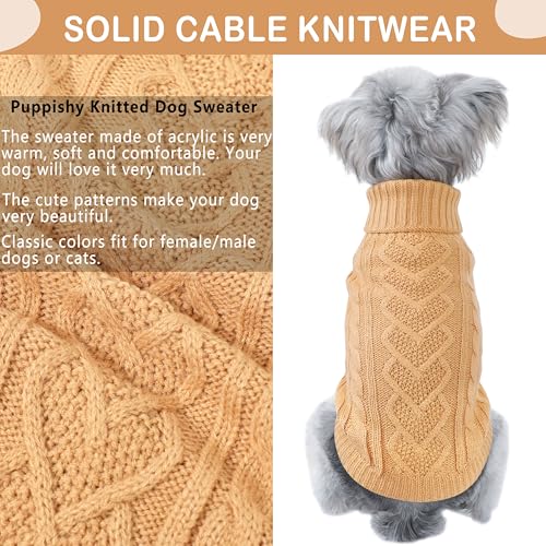 Image of Dog Sweaters Small Dog Clothes for Winter Solid Knitted Puppy Sweater Warm Pet Cat Sweater Doggy Pullover Outfit with Heart-Shape Design(Light Brown, Medium)