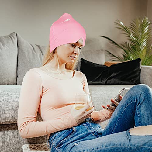 Image of ComfiTECH Head Ice Pack Wrap Cold Cap Cooling Gel Hat, Medium, Pink | Remains Pliable Frozen, Cold Compress for Head, Sinus Tension, Stress and Puffy Eyes