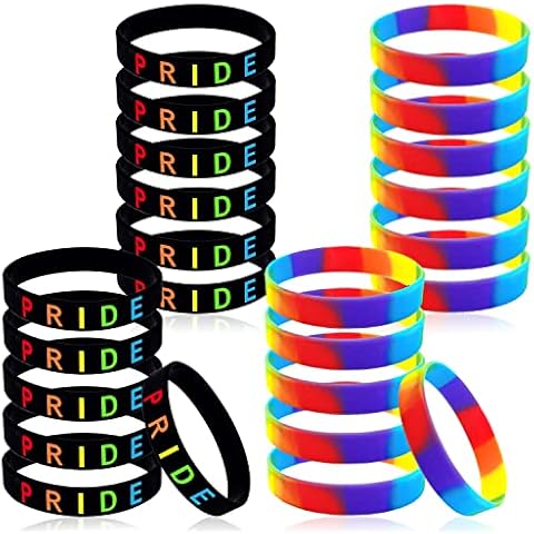 24 Pieces Pride Silicone Wristbands Gay Pride Bracelet LGBT Lesbian Rainbow Wristbands Silicone Sports Rubber Bracelets for Parades, Rainbow Festival Party Decorations Supplies, 2 Styles Cover