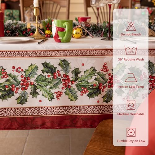 Softalker Christmas Jacquard Rectangle Tablecloth, Winter Vintage Holly Waterproof Table Cloth, Xmas Farmhouse Fabric Table Cover for Holiday, Dining, Party Decor, DHHolly 60 x 84 Inch – Image 6