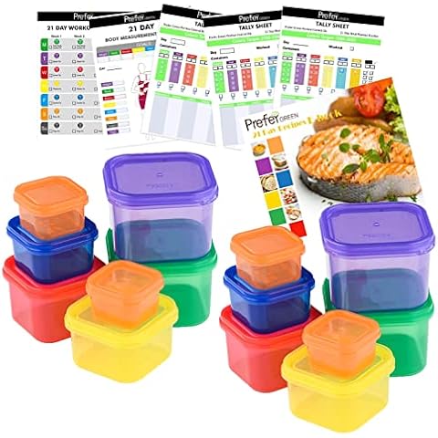 Prefer Green 14 PCS Portion Control Containers Kit (with COMPLETE GUIDE, 21 DAY DAILY TRACKER, 21 DAY MEAL PLANNER, RECIPES PDF),Label-Coded,Multi-Color-Coded System,Perfect Size for Lose Weight Cover