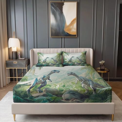 160 x 200 cm Sábana Bajera Ajustable de Microfibra con Estampado Dinosaurios Realistas Plantas Tropicales, Verde Salvia Suave Sábana Ajustable, con Banda Elástica Adecuada para Niños y Adultos