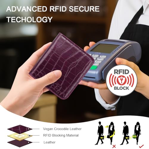 Image of Crocodile Wallets Women Small RFID Blocking Credit Card Holder | Luxury Alligator Faux Leather Thin Bifold Croc Womens Wallet Ladies Mini Purse with Coin Pocket, Purple