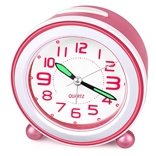 Alarm Clocks,Children's Alarm Clock,Bedside Alarm Clock,Small Lightweight Travel Quartz Alarm Clock,Silent Non Ticking Analog Alarm Clock with Snooze and Light,Lightweight Analog Quartz Clock (Pink)