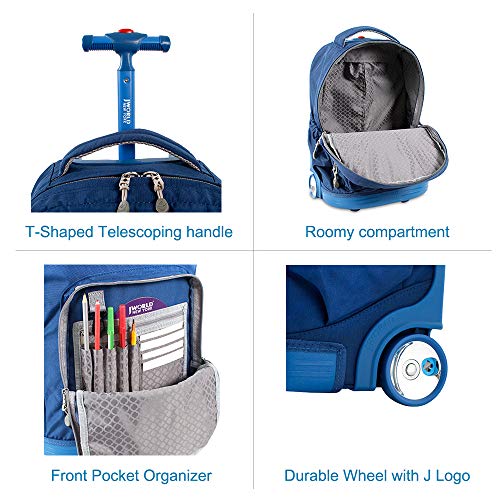 J World New York Sunrise Rolling Backpack. Roller Bag with Wheels, Indigo, 18