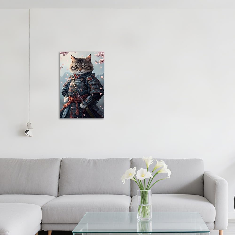 QIXIANG Samurai Cat Wall Art Japanese Cat Canvas Picture Prints Funny Anime Painting Asian Decor Poster Living Room Decor Framed(Black,12L x 18W) image 4