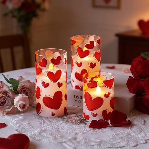 Image of Valentines Day Flameless Candles with Remote, Red Heart Glass Battery Operated Candles, Real Wax Flickering LED Pillar Candles for Proposal Wedding Anniversary Romantic Night, 3 Pack