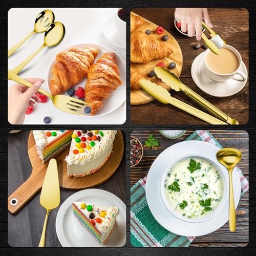 Gisly Gold 12 Pieces Serving Utensils Include Large Serving Spoons,Slotted Serving Spoons,Serving Forks,Serving Tongs,Appetizers Tongs,Soup Ladle and Pie Cake Server for Buffet Catering - Image 5