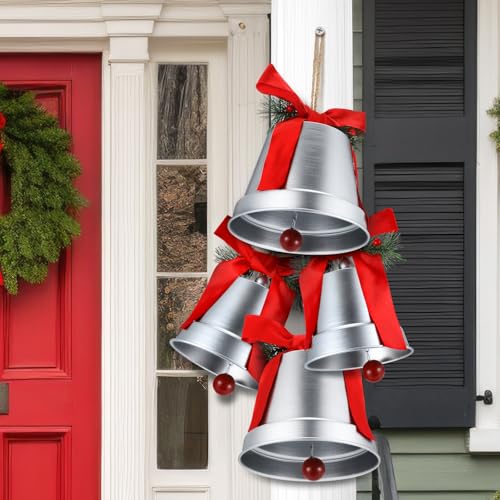 MorningRo 4 Pcs 8+6.5in Silver Giant Christmas Bells Christmas Decorations