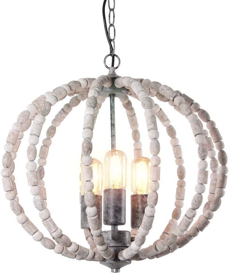 Lustre suspendu à 3 lumières en perles de bois style ferme et métal gris pour plafond