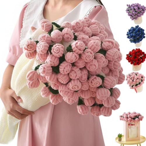 Flower Bouquet Blanket Crochet Flower Bouquet Rose Blanket Valentine’s Day Birthday Gifts for Her,Handmade Knitted Throw Blankets for Girlfriend Mom Mother’s Day Wedding (Pink, 31.5 * 31.5inch)