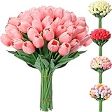 Hotop 40 Pcs Artificial Tulips Faux Tulips PU Real Look Latex Tulip Artificial Plastic Flowers Fake Bouquet for Easter Decoration Spring Dining Table Centerpiece 13' Tall(Pink)